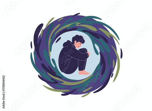 Illustration of a melancholy girl in a bubble, a solitary figure in a void, a shy woman alone, capturing isolation and loneliness, reflecting low self-esteem, mental distress, and a sense of being