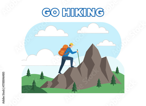 A flat vector illustration of a climber on a mountain, showcasing a climbing adventure poster that highlights active extreme tourism, hiking, outdoor sports, and nature, featuring a mountaineer