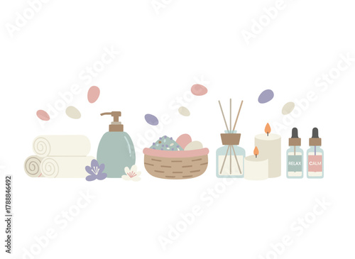 Glass bottles holding organic beauty products, natural oils, essences, herbal lotions, candles, and flowers for a spa and wellness salon, presented as a colored flat vector illustration on a white