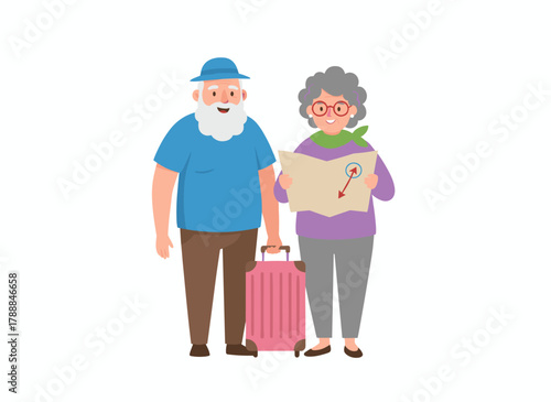 A colorful flat cartoon vector illustration of a grandmother and grandfather traveling with a suitcase on a white background