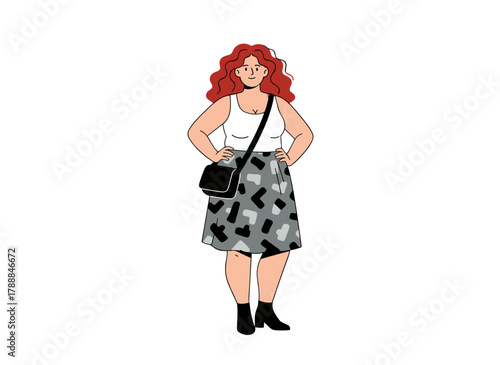 A cheerful young woman with a curvy, plus‑size figure, smiling as she strolls in contemporary summer attire, including a short skirt, depicted in a flat vector illustration on a white background