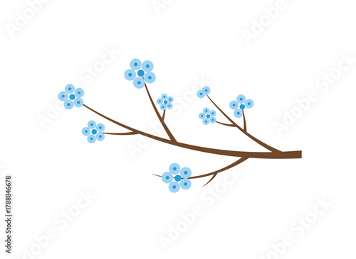 Vibrant spring branch bearing delicate forget-me-not blossoms, featuring gentle buds and romantic blue petals, rendered as a colorful flat vector illustration against a white background