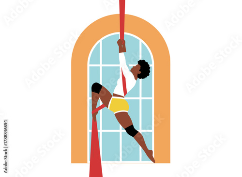 A pole dancer performs a move, gripping the bar with her leg, while the girl trains an advanced poledance pose, move, and trick; a flexible woman trains, and the illustration is a flat graphic vector