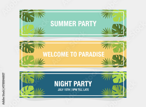 Set of horizontal web banner templates featuring lush green tropical foliage from exotic jungle plants and trees, with a text area on a white background, rendered as a colorful, natural, realistic