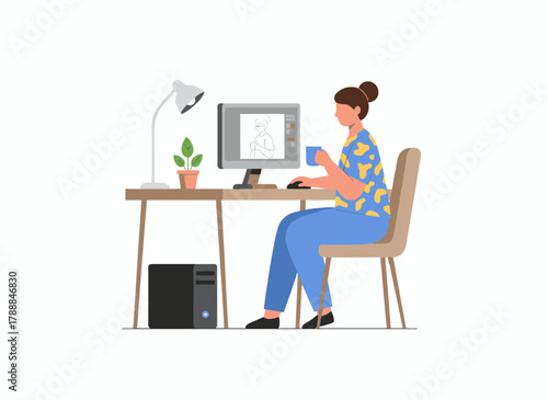 A creative freelance digital designer works from home at a computer desk, depicted in a flat vector illustration on a white background