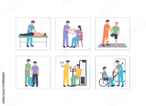 A group of osteopaths, chiropractors, and manual therapy specialists performing treatments and massages, depicted in a flat cartoon vector illustration