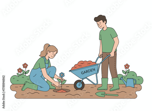 In a garden, people plant tree sprouts into soil while a man and woman care for and cultivate saplings, engaging in seedling cultivation and replanting, all depicted as a flat vector illustration on