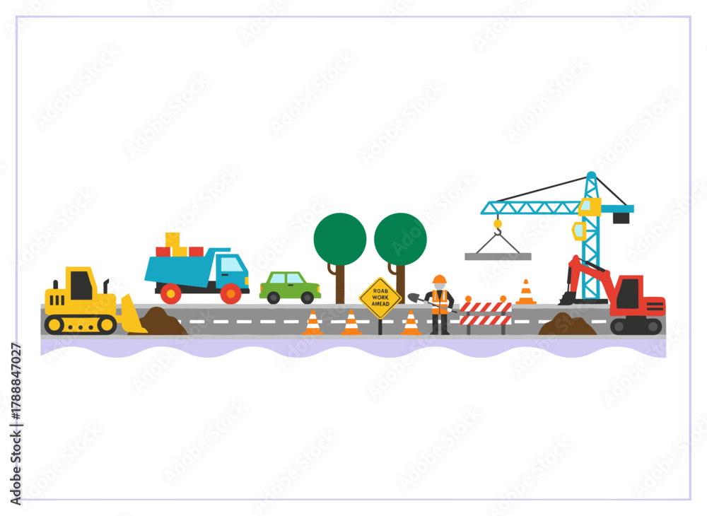 Fototapeta premium Adorable Scandinavian-style vehicles—trucks, buses, dump trucks, excavators, forklifts, taxis, and pickups—are presented as a set of child-friendly road transport toys, depicted in colored flat