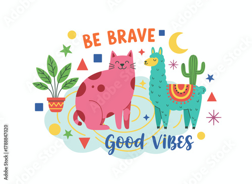 A decorative horizontal backdrop featuring charming exotic animals, plants, fruits, handwritten motivational slogans, and symbols, rendered in a modern, colorful vector illustration with a naive