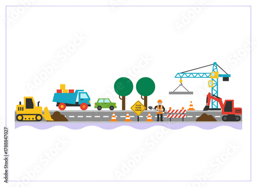 Adorable Scandinavian-style vehicles—trucks, buses, dump trucks, excavators, forklifts, taxis, and pickups—are presented as a set of child-friendly road transport toys, depicted in colored flat