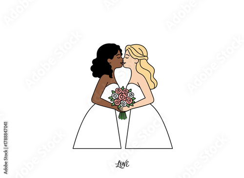 Flat vector illustration on a white background of a lesbian couple at their wedding, with the brides in dresses and pants kissing, holding a bouquet, and celebrating as LGBT newlyweds