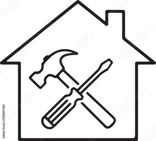 Home repair and renovation vector icon with house outline, crossed hammer, screwdriver, for handyman services, property maintenance.