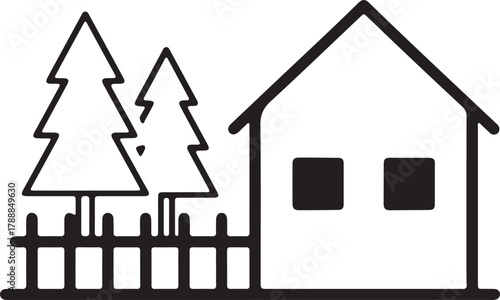 Simple black outline icon of a house with two evergreen trees and a picket fence, symbolizing home, nature, and property.