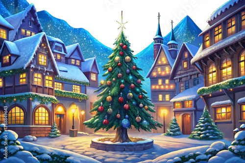 Beautifully decorated Christmas tree standing in the middle of a snowy European town square glowing with warm holiday lights