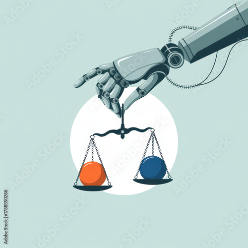 Creative art collage depicting a robot hand holding the scales of justice. Concept of artificial intelligence in the legal and judicial system. Symbol of fairness and technology.