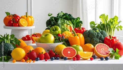 Fototapeta Naklejka Na Ścianę i Meble -  Abundant assortment of fresh colorful fruits and vegetables arranged on a white table with a soft window light creating a healthy and vibrant display