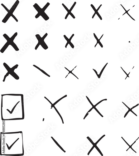 Check tick mark icon set, hand drawn doodle red cross box x check mark