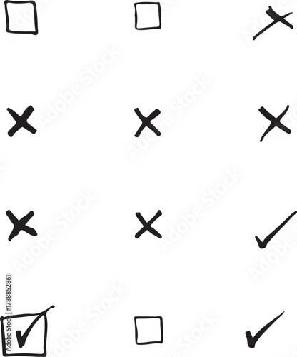 Hand drawn check tick mark icon set. x marks, checkboxes, and checklist symbols including right and wrong signs in brush marker style.

