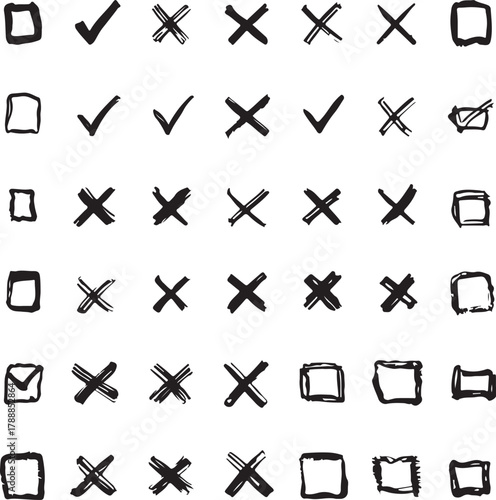Check tick mark icon set. Cross box x check mark checkbox v list vector draw hand drawn sketch doodle brush marker checklist symbol wrong right circle.
