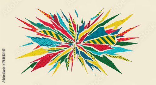Abstract Explosive Burst Graphic with Torn Paper and Textured Shapes