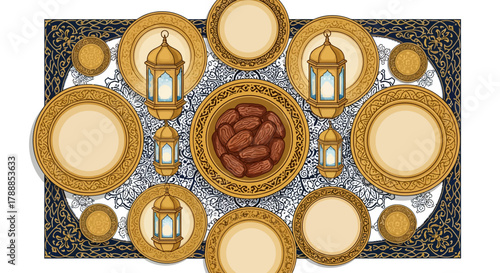 Traditional Ramadan Iftar Dinner Table Setting, Flat Lay View, Decorated with Dates and Ornate Gold Elements.