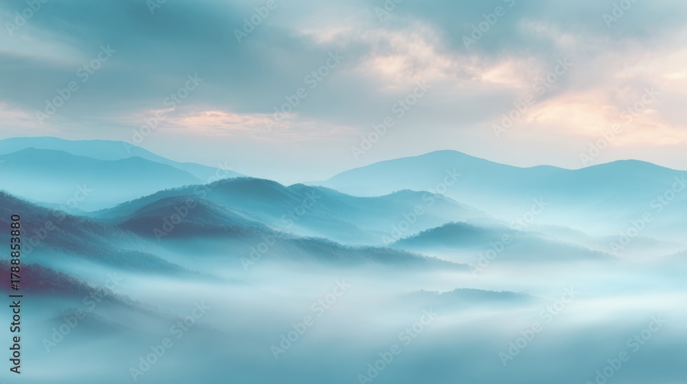 Fototapeta premium Gentle fog blankets the rolling hills as soft light breaks through the clouds at dawn.