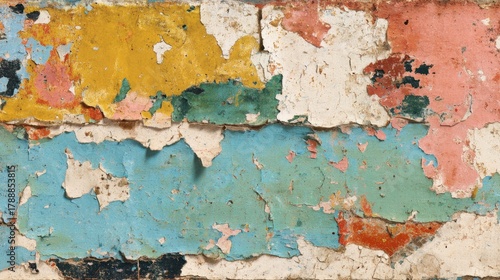 An urban wall showcases a mix of vibrant colors with layers of peeling paint revealing a history of time and weather.