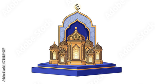 Ornate golden Fanoos lanterns clustered upon a deep blue stylized pedestal before a detailed Islamic archway.