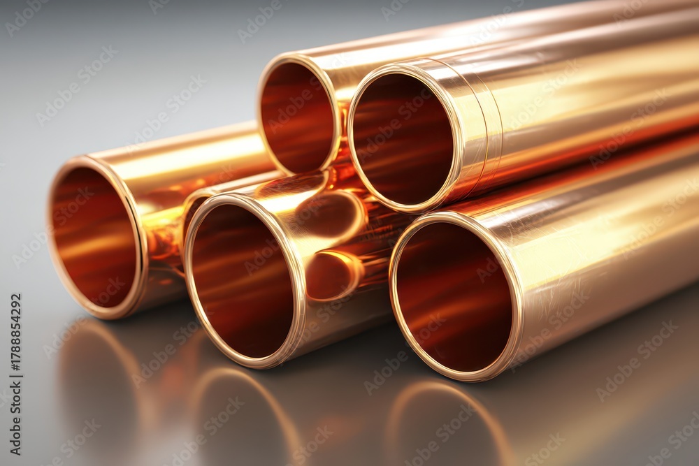 Fototapeta premium Shiny copper pipes, stacked on a reflective surface, for industry and plumbing.