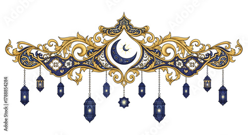 Luxurious, intricate symmetrical gold arabesque border design, featuring ornate midnight blue Fanous lanterns.