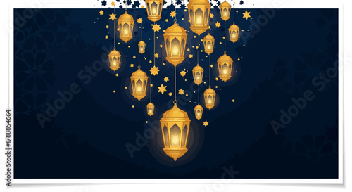 Golden Traditional Ramadan Lanterns, Stylized Stars, Cascading Gold and Blue Arabesque Pattern.