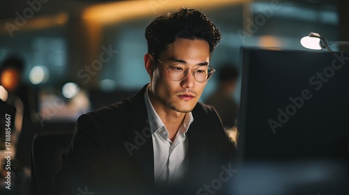Focused businessman concentrating intently on his computer screen in a modern, low-light office environment