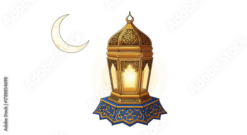 Golden Fanoos lantern, glowing warmly, rests upon intricate arabesque filigree platform.