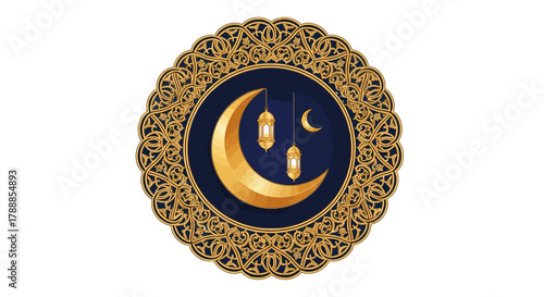 Elegant Circular Golden Arabesque Frame Composition, Featuring Crescent Moon and Fanoos.