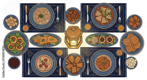 Elegant Middle Eastern Ramadan Iftar Table Setting, Overhead Golden Lantern Centerpiece.