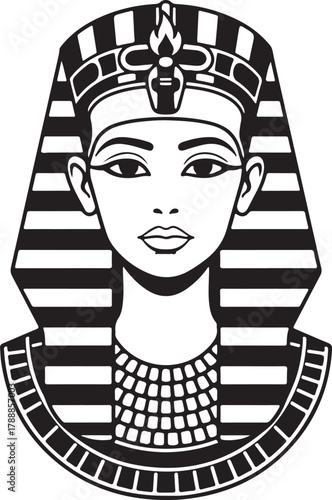 Ancient egyptian pharaoh head illustration with nemes headdress, uraeus cobra, and broad collar in iconic black and white style