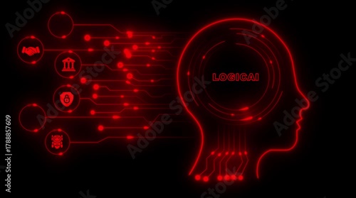 Red neon human head silhouette with glowing circuit lines and abstract icons representing A I business security and collaboration on black background digital concept
