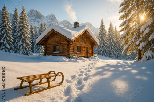 Wallpaper Mural Cozy wooden cabin surrounded by snow-covered trees in winter Torontodigital.ca