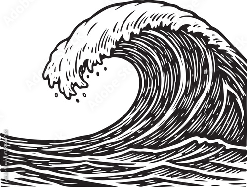 Stylized hand-drawn ocean wave illustration with crashing foam and strong water movement in a vintage woodcut aesthetic.