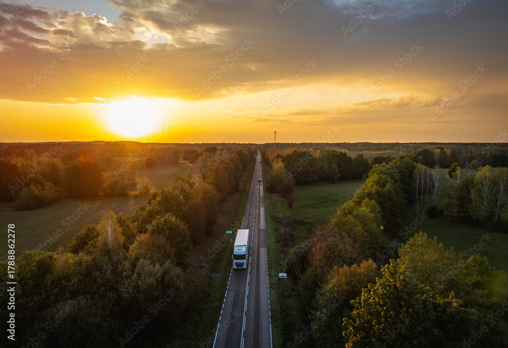 Naklejka premium Aerial view of national road no 62 between Lochow and Wyszkow cities in Mazowsze, Poland