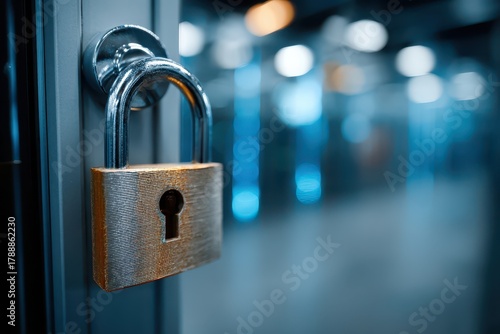 Metallic padlock on a door handle, symbolizing robust security and privacy.