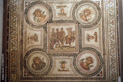 Apollo and Marsyas ancient mosaic in Tunis city, Tunisia
