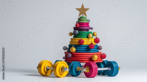 Colorful weight plates arranged in a festive shape resembling a Christmas tree with dumbbells nearby
