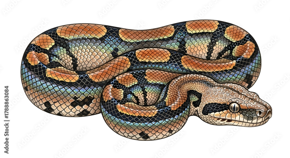 Obraz premium Close-up of a ball python snake with patterned scales isolated on white background, perfect for nature and wildlife projects