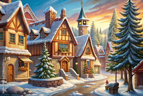 Old European village street vector covered in snow with Christmas tree and lantern lights