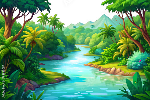 Wide tropical river surrounded vector illustration cartoon by dense green jungle trees and misty morning light