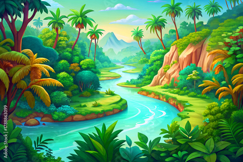 Wide tropical river surrounded vector illustration cartoon by dense green jungle trees and misty morning light