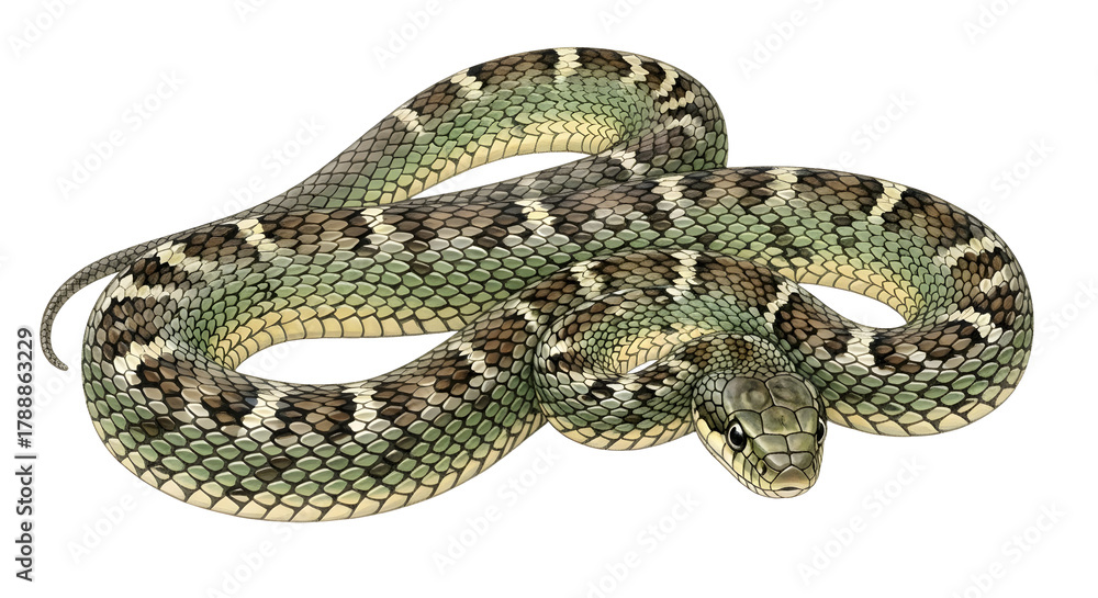 Fototapeta premium Close-up of a green and brown patterned snake coiled on white background, perfect for wildlife and nature projects