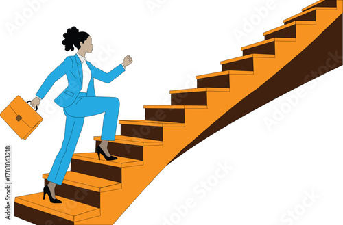 Woman in blue suit climbing orange stairs carrying briefcase on white background business career