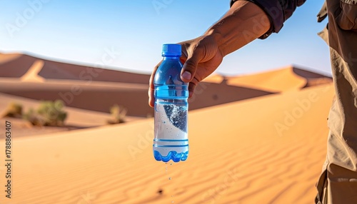 Fototapeta Naklejka Na Ścianę i Meble -  Desert Landscape With Sand Dunes Under A Clear Blue Sky Person Holding A Refreshing Bottle Of Water On A Hot Sunny Day Hydration Concept